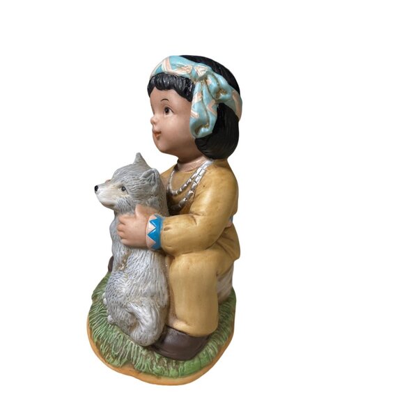 Homco Art Bisque Porcelain Native American Boy Figurine With Wolf Cub 1428 - Picture 7 of 13